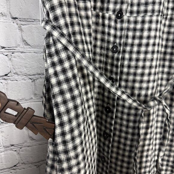QUINCE 100% European Linen Button Front Dress Khaki Black Gingham L - Picture 9 of 13